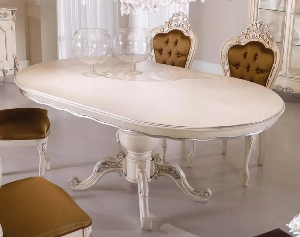 Casa Padrino Luxus Barock Esstisch Creme / Silber - Ovaler ausziehbarer Massivholz Esszimmertisch im Barockstil - Barock Esszimmer Möbel - Luxus Qualität - Made in Italy Jetzt Kaufen