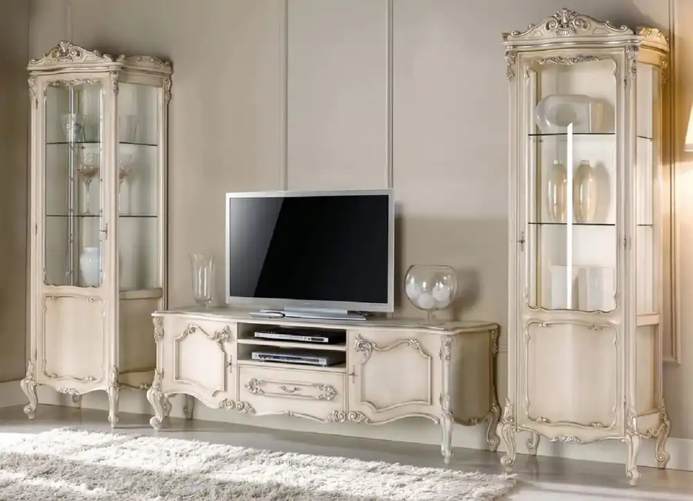 Schneller Versand Casa Padrino Luxus Barock Wohnzimmer Set Cremefarben / Silber - 1 Barock TV Schrank & 2 Barock Vitrinen - Barock Wohnzimmer & Hotel Möbel - Luxus Qualität - Made in Italy