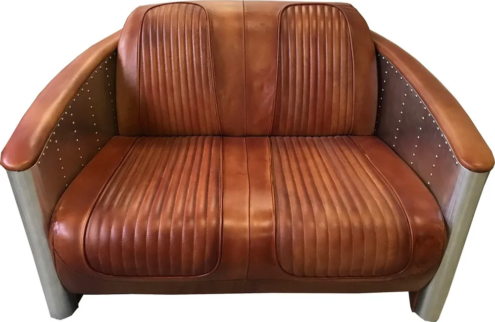Casa Padrino Luxus Art Deco Leder Sofa 122 x 70 x H. 82 cm - Verschiedene Farben - Aluminium Wohnzimmer Sofa mit Echtleder - Aluminium Flugzeug Flieger Sofa Möbel Saisonangebot