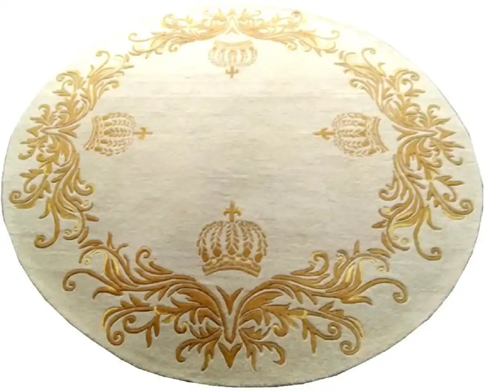 Pompöös by Casa Padrino Luxus Teppich von Harald Glööckler Krone Creme / Gold Ø 260 cm - Runder Barock Design Teppich - Handgewebt aus Wolle Direkt Vom Hersteller