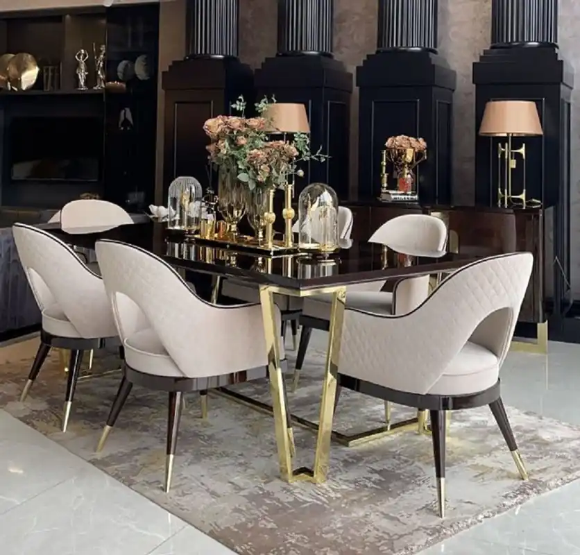 Aktuell Casa Padrino Luxus Art Deco Esszimmerstuhl 8er Set Beige / Dunkelbraun / Gold 58 x 65 x H. 90 cm - Art Deco Esszimmer & Restaurant Möbel - Luxus Qualität