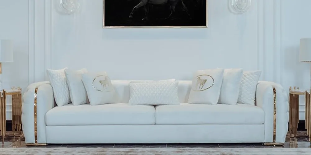 Begrenztes Angebot Casa Padrino Luxus Sofa Weiß / Gold 265 x 83 x H. 73 cm - Modernes Wohnzimmer Sofa - Wohnzimmer & Hotel Möbel - Luxus Kollektion