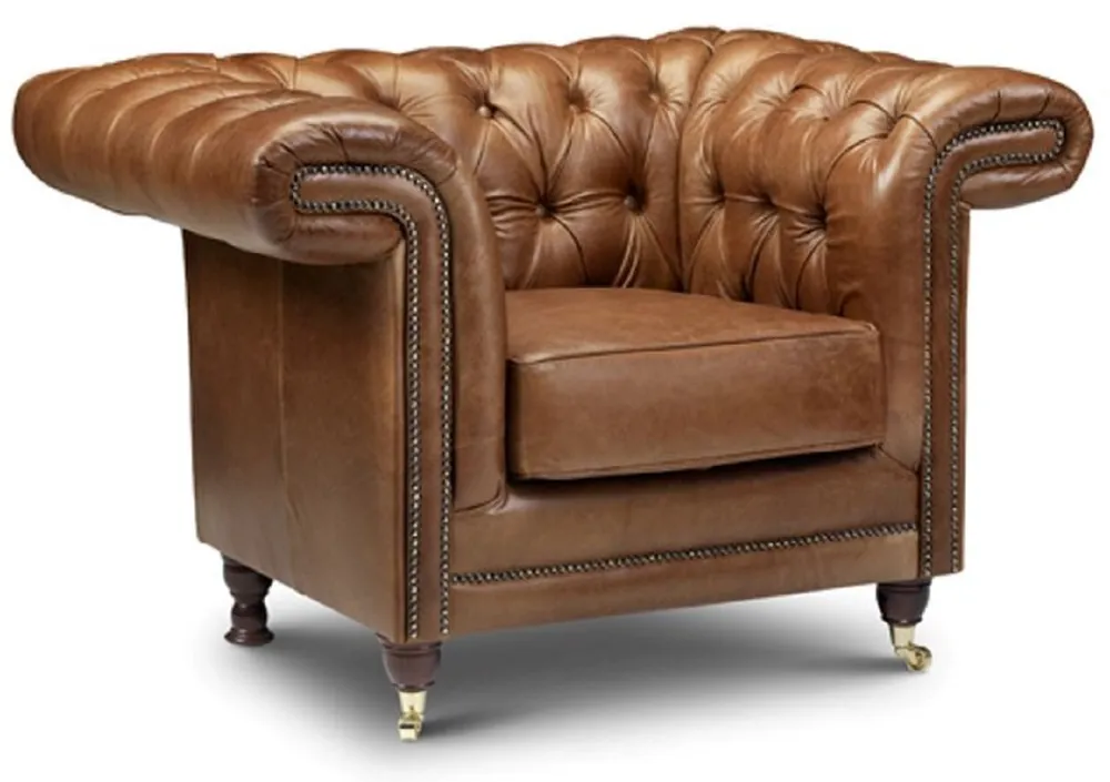 Kracherpreis Casa Padrino Luxus Chesterfield Leder Sessel Braun / Dunkelbraun / Gold 127 x 95 x H. 85 cm - Echtleder Wohnzimmer Sessel - Chesterfield Wohnzimmer Möbel