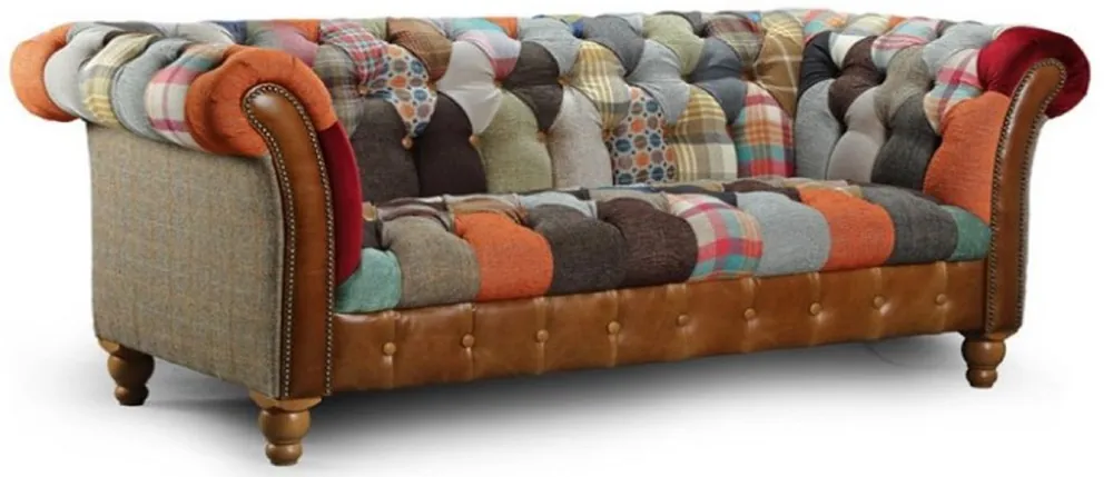 Highlight Casa Padrino Luxus Chesterfield 3er Sofa Mehrfarbig / Grau / Braun 235 x 95 x H. 85 cm - Wohnzimmer Sofa mit Echtleder - Chesterfield Wohnzimmer Möbel