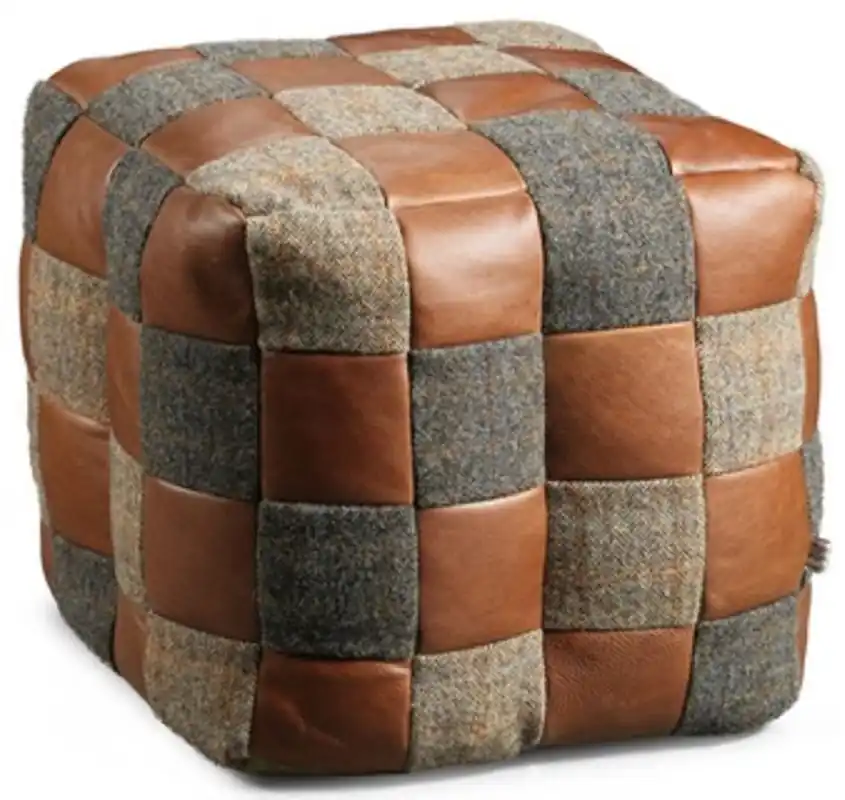 Casa Padrino Luxus Hocker Grau / Beige / Braun 45 x 45 x H. 45 cm - Sitzhocker in Würfelform mit Echtleder - Fußhocker - Wohnzimmer Möbel Angebot
