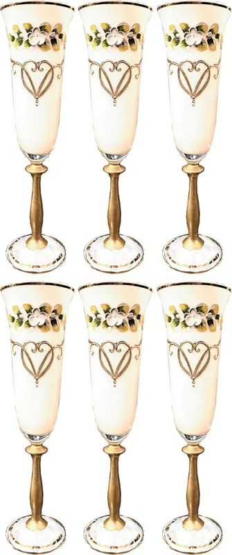 Casa Padrino Luxus Jugendstil Champagnerglas 6er Set Weiß / Mehrfarbig / Gold - Handgefertigte und handgravierte Champagnergläser mit 24 Karat Vergoldung - Hotel & Restaurant Accessoires Preisreduziert