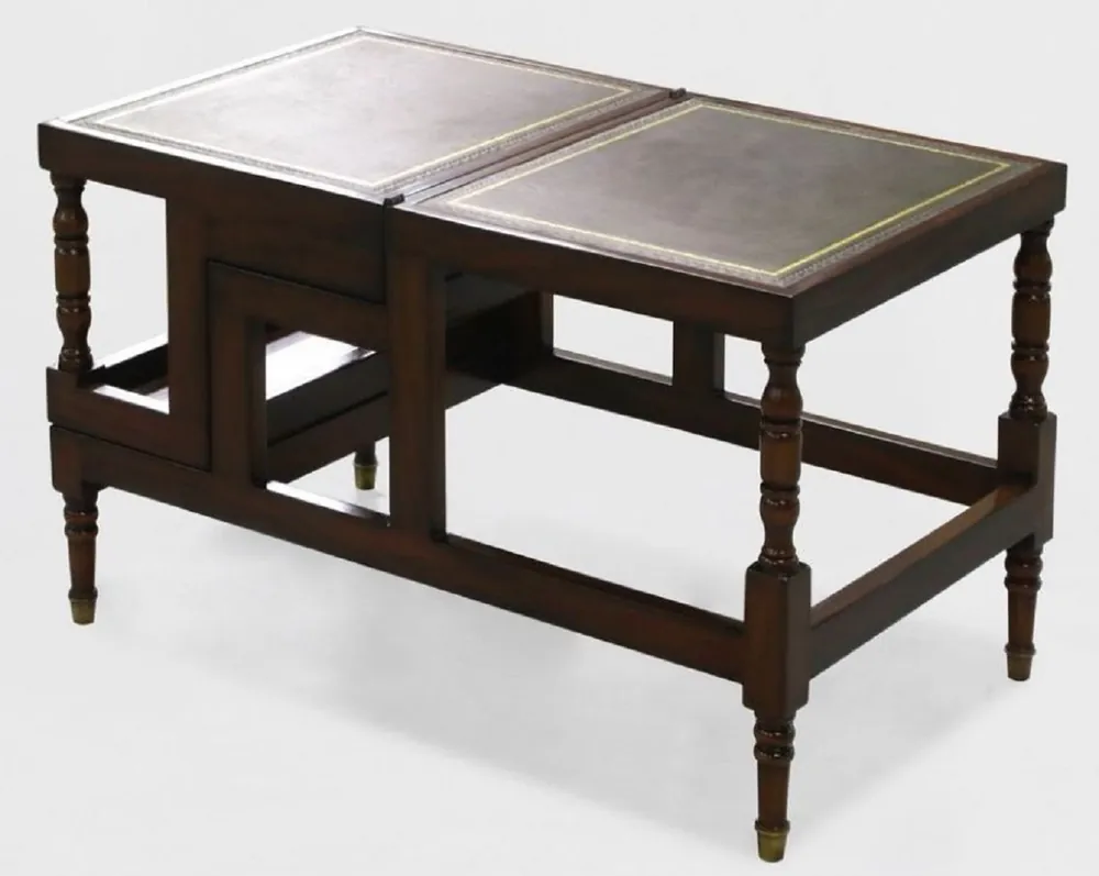 Bestpreis Casa Padrino Luxus Jugendstil Couchtisch Dunkelbraun / Grün / Gold - Ausklappbare Massivholz Bibliothekstreppe mit Echtleder - Jugendstil Wohnzimmer Möbel - Edel & Prunkvoll