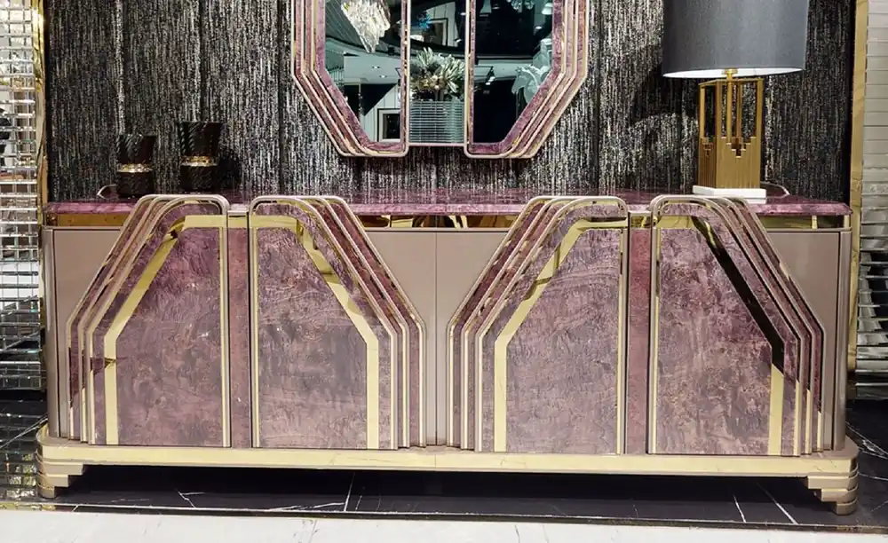 Casa Padrino Luxus Art Deco Sideboard Lila / Grau / Gold - Prunkvoller Massivholz Schrank mit 4 Türen und Marmoroptik - Luxus Art Deco Wohnzimmer & Hotel Möbel Preiswert