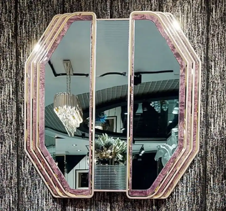 Casa Padrino Luxus Art Deco Wandspiegel Lila / Gold - Massivholz Spiegel mit Marmoroptik - Luxus Art Deco Wohnzimmer & Hotel Möbel Super-Preis