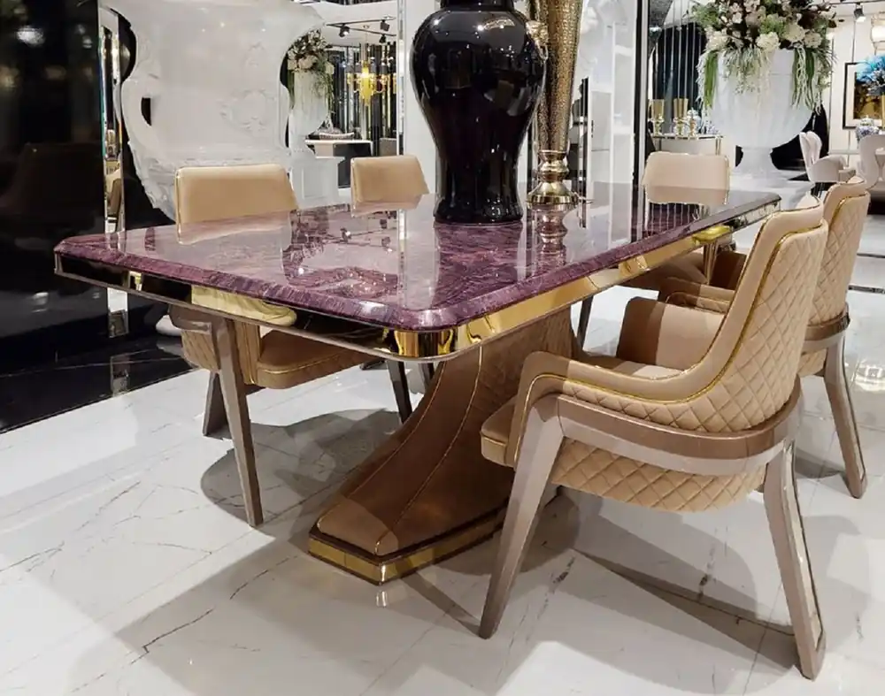 Casa Padrino Luxus Art Deco Esstisch Lila / Beige / Gold - Handgefertigter Massivholz Küchentisch mit Tischplatte in Marmoroptik - Art Deco Esszimmer Möbel Meistverkauft