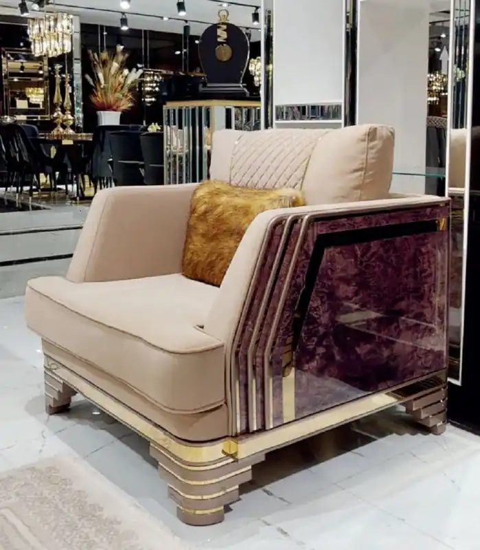 Casa Padrino Luxus Art Deco Sessel Beige / Lila / Grau / Gold - Edler Wohnzimmer Sessel mit Marmoroptik - Luxus Art Deco Wohnzimmer & Hotel Möbel Sofort Bestellen