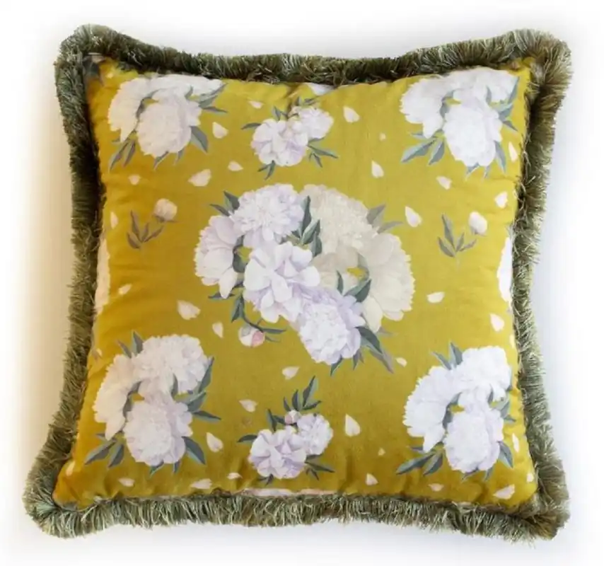 Letzte Chance Casa Padrino Luxus Deko Kissen Blumen Design Gelb / Mehrfarbig / Grün 45 x 45 cm - Bedrucktes Samt Kissen mit Fransen - Deko Accessoires
