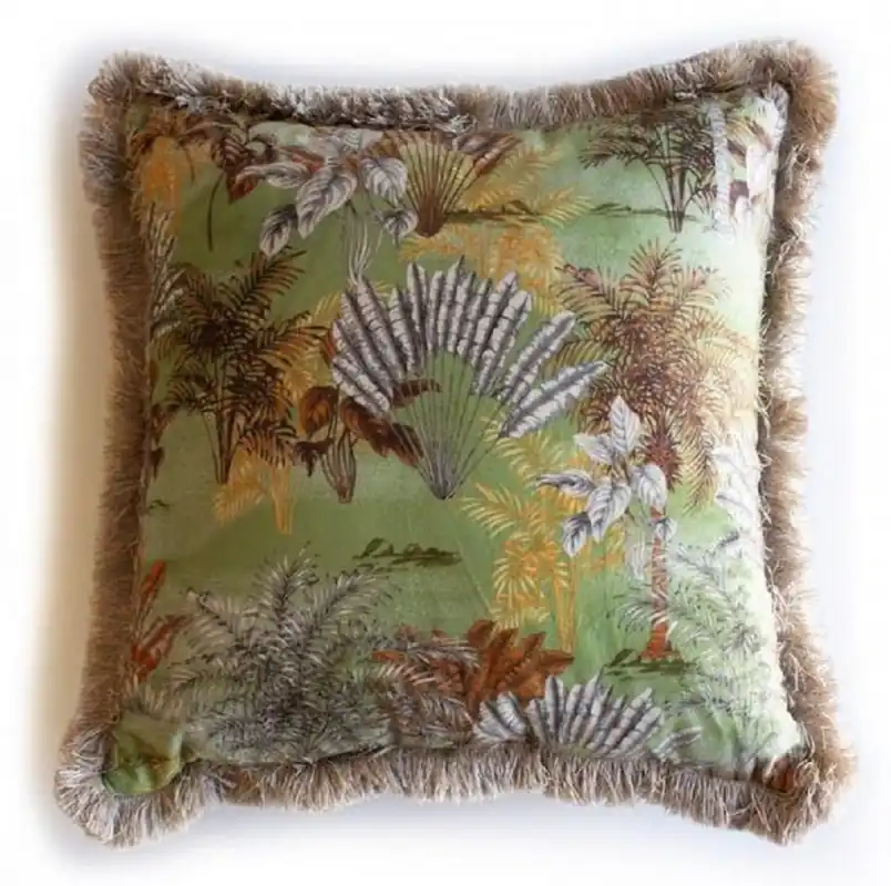Neue Ware Casa Padrino Luxus Deko Kissen Dschungel Design Grün / Mehrfarbig / Braun 45 x 45 cm - Bedrucktes Samt Kissen mit Fransen - Deko Accessoires