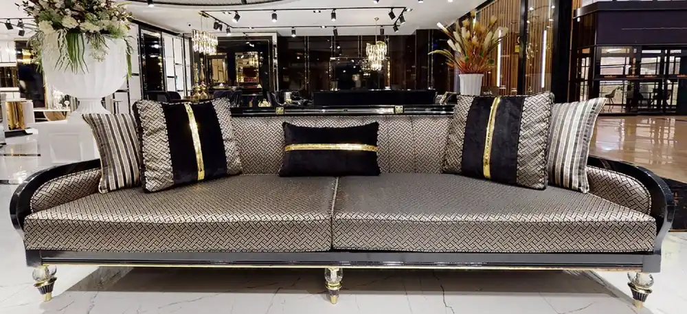Casa Padrino Luxus Art Deco Sofa Gold / Cremefarben / Schwarz / Gold - Art Deco Wohnzimmer & Hotel Möbel - Luxus Kollektion Rabatt