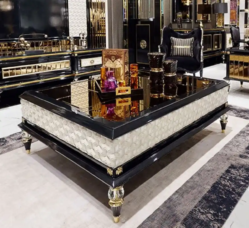 Nur Für Kurze Zeit Casa Padrino Luxus Art Deco Couchtisch Schwarz / Cremefarben / Gold - Prunkvoller Massivholz Wohnzimmertisch - Luxus Art Deco Wohnzimmer Möbel