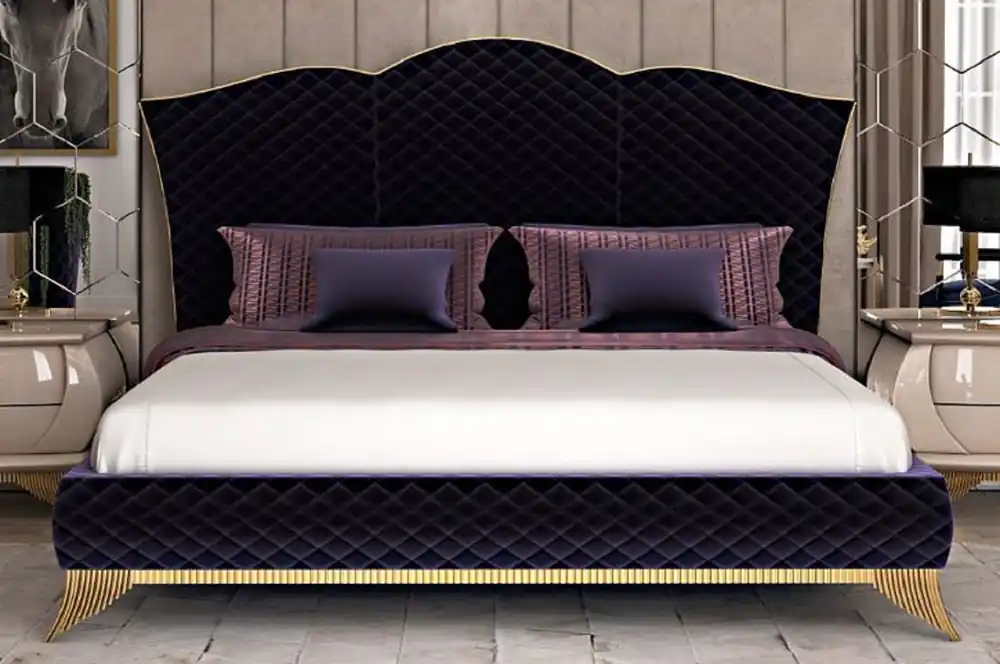 Casa Padrino Luxus Art Deco Doppelbett Lila / Gold - Edles Massivholz Bett mit Kopfteil - Art Deco Schlafzimmer & Hotel Möbel - Luxus Kollektion Kracherpreis