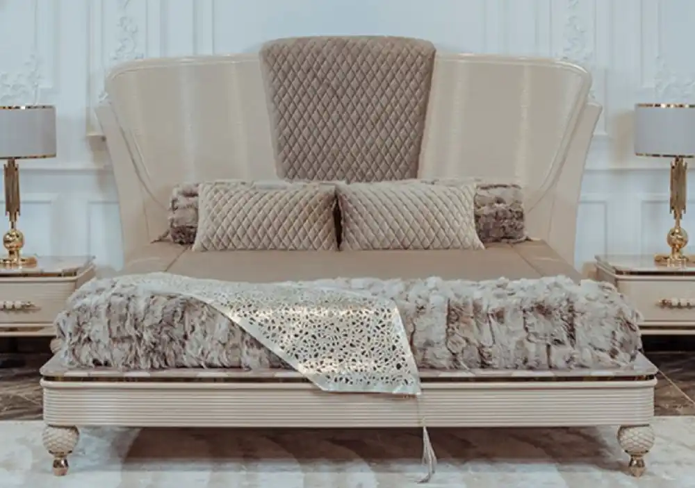 Casa Padrino Luxus Art Deco Doppelbett Beige / Grau / Gold - Edles Massivholz Bett mit Kopfteil - Art Deco Schlafzimmer & Hotel Möbel - Luxus Kollektion Sale