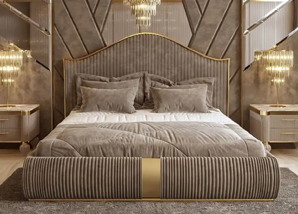 Casa Padrino Luxus Art Deco Doppelbett Grau / Gold - Edles Massivholz Bett mit Kopfteil - Art Deco Schlafzimmer & Hotel Möbel - Luxus Kollektion Kracherpreis