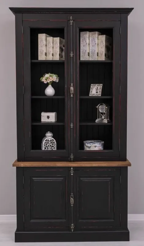 Casa Padrino Landhausstil Schrank Schwarz / Rot / Braun 120 x 50 x H. 228 cm - Massivholz Vitrine - Landhausstil Massivholz Möbel Sofort Bestellen