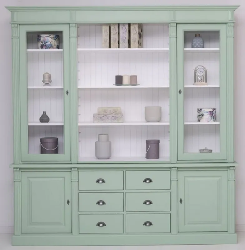 Casa Padrino Landhausstil Esszimmerschrank Hellgrün / Weiß 223 x 51 x H. 228 cm - Massivholz Schrank - Küchenschrank - Landhausstil Esszimmer Möbel Preis Gesenkt