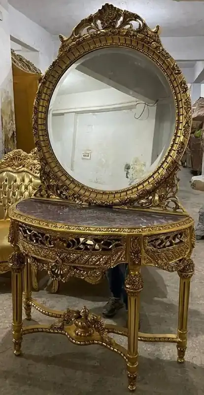 Casa Padrino Barock Spiegelkonsole mit Marmorplatte Gold / Grau - Prunkvolle Barock Konsole mit Spiegel - Handgefertigte Barock Möbel Neue Kollektion