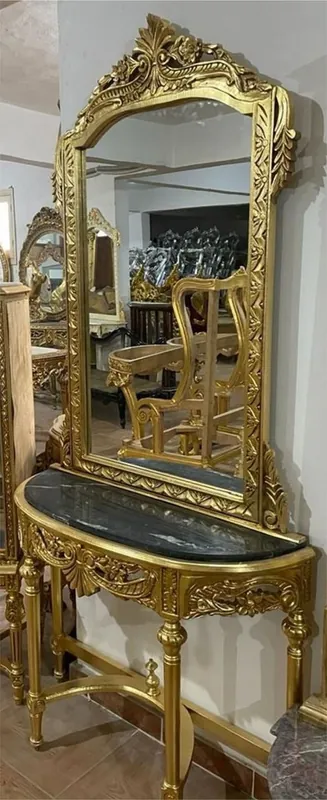 Echt Casa Padrino Barock Spiegelkonsole mit Marmorplatte Gold / Schwarz - Handgefertigte Barock Konsole mit Spiegel - Prunkvolle Barock Möbel