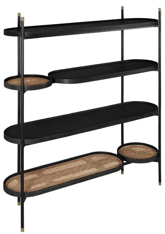 Casa Padrino Luxus Regalschrank Schwarz / Naturfarben / Messingfarben 154 x 42,3 x H. 170 cm - Wohnzimmer & Hotel Möbel - Luxus Qualität Bestseller