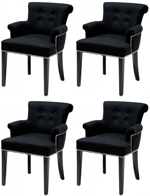 Casa Padrino Luxus Esszimmerstuhl 4er Set Schwarz - Massivholz Küchenstühle mit Armlehnen und edlem Samtstoff - Luxus Esszimmer & Restaurant Möbel Mega-Angebot
