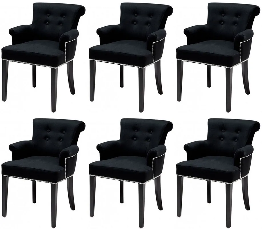 Casa Padrino Luxus Esszimmerstuhl 6er Set Schwarz - Massivholz Küchenstühle mit Armlehnen und edlem Samtstoff - Luxus Esszimmer & Restaurant Möbel Schnäppchen
