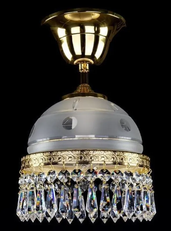 Casa Padrino Luxus Barock Messing Hängeleuchte Gold / Weiß Ø 16 x H. 18 cm - Prunkvolle Messing Hängelampe mit Böhmischem Kristallglas - Barock Kristall Leuchten Expressversand