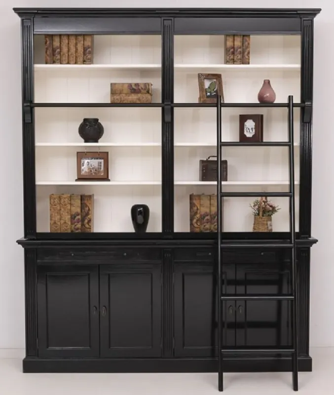 Neu Im Sortiment Casa Padrino Landhausstil Bücherschrank mit Leiter Schwarz / Weiß 200 x 40 x H. 240 cm - Massivholz Schrank - Wohnzimmerschrank - Regalschrank - Büroschrank - Landhausstil Möbel