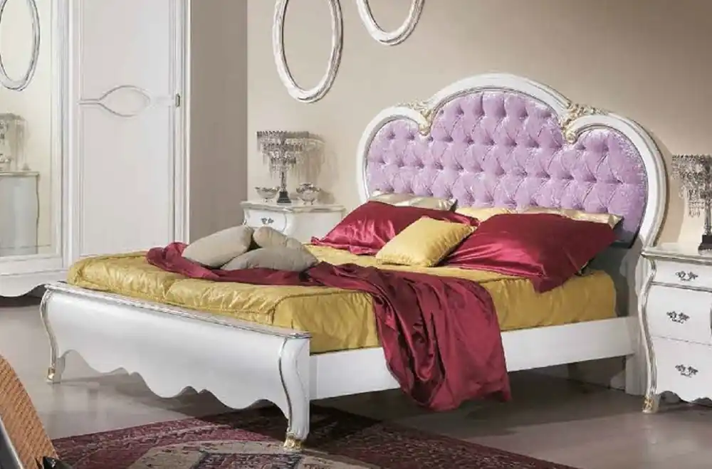Casa Padrino Luxus Barock Doppelbett Lila / Weiß / Gold - Prunkvolles Massivholz Bett im Barockstil - Barock Schlafzimmer & Hotel Möbel - Luxus Qualität - Made in Italy Direktkauf