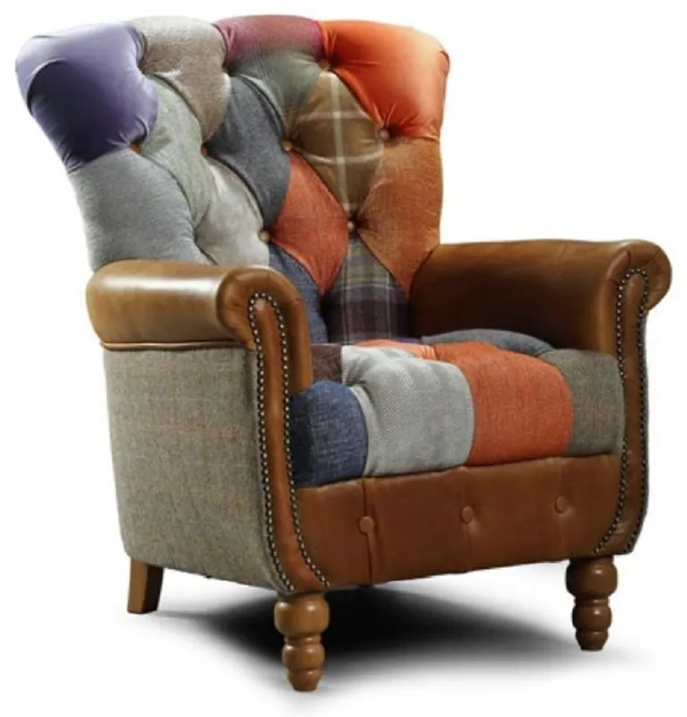 Preisknaller Casa Padrino Luxus Chesterfield Wohnzimmer Sessel Mehrfarbig / Grau / Braun 82 x 86 x H. 94 cm - Chesterfield Wohnzimmer Möbel