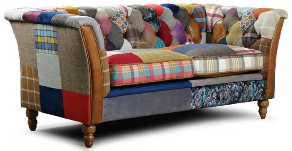 Casa Padrino Luxus Chesterfield 2er Sofa Mehrfarbig / Braun 186 x 87 x H. 77 cm - Wohnzimmer Sofa mit Echtleder - Chesterfield Wohnzimmer Möbel Günstig