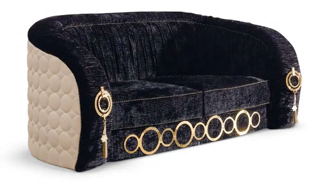 Neu Casa Padrino Luxus Sofa mit Metall Ornamenten Schwarz / Beige / Gold 192 x 103 x H. 80 cm - Luxus Wohnzimmer & Hotel Möbel - Erstklassische Qualität - Made in Italy