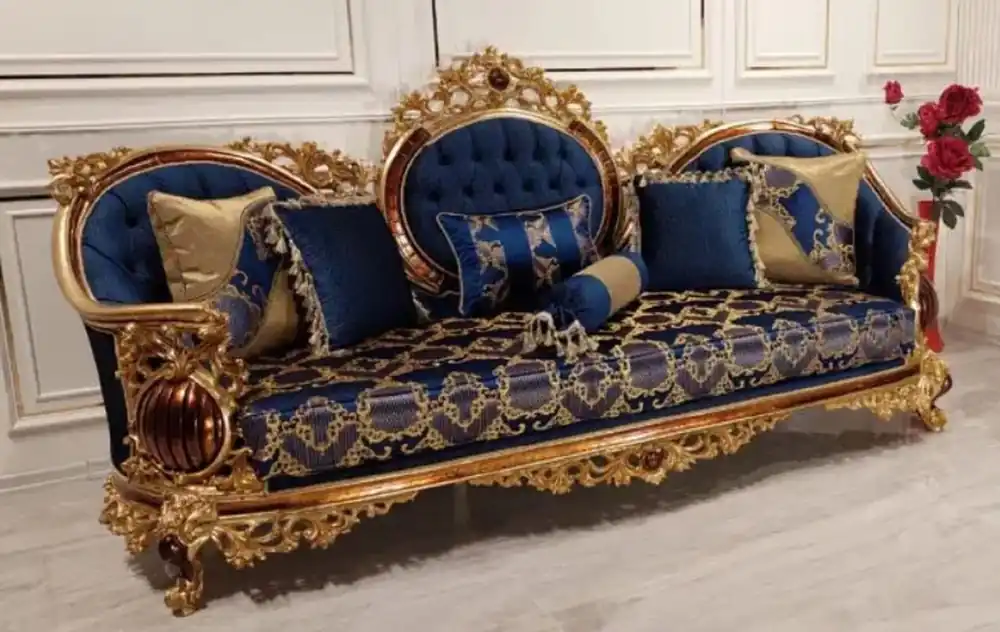 Nur Heute Casa Padrino Luxus Barock Sofa Blau / Gold / Braun - Prunkvolles Wohnzimmer Sofa mit elegantem Muster - Barock Wohnzimmer Möbel