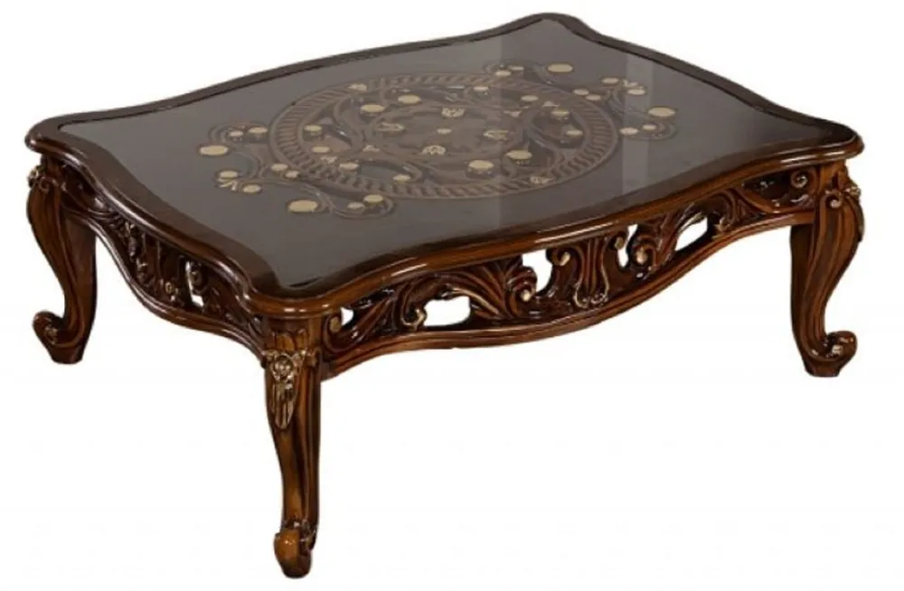 Abverkauf Casa Padrino Luxus Barock Couchtisch Braun / Gold - Handgefertigter Massivholz Wohnzimmertisch mit Glasplatte - Barock Wohnzimmer Möbel - Edel & Prunkvoll