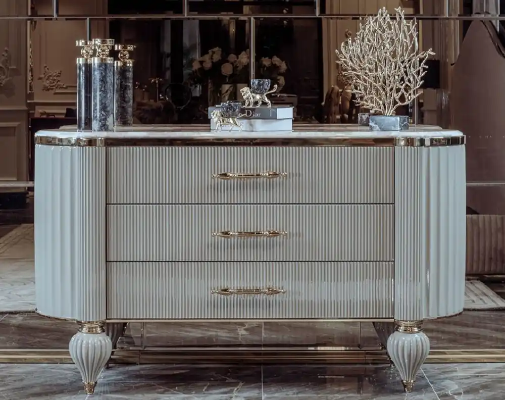 Casa Padrino Luxus Art Deco Kommode Grau / Weiß / Gold - Prunkvolle Kommode mit 3 Schubladen und Kunstmarmor Platte - Art Deco Schlafzimmer & Hotel Möbel - Luxus Kollektion Bestseller
