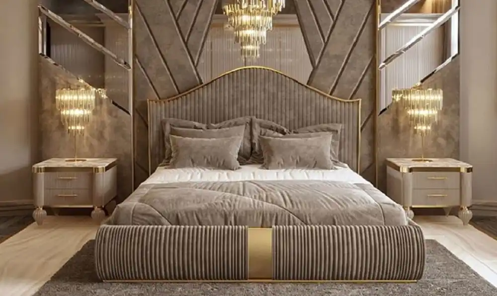 Jetzt Bestellen Casa Padrino Luxus Art Deco Schlafzimmer Set Grau / Weiß / Gold - 1 Doppelbett mit Kopfteil & 2 Nachttische - Art Deco Schlafzimmer & Hotel Möbel - Luxus Kollektion