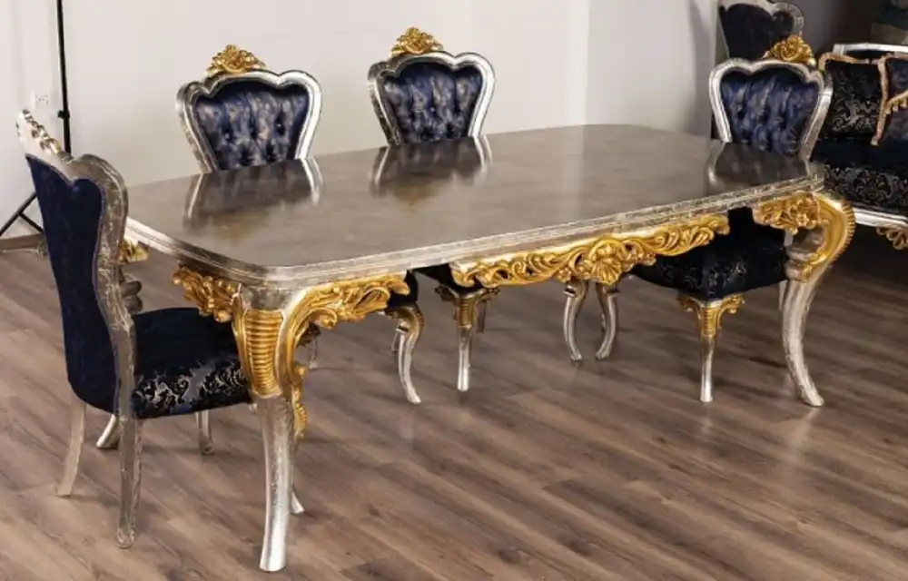 Heißes Angebot Casa Padrino Luxus Barock Esstisch Silber / Gold - Handgefertigter Massivholz Esszimmertisch im Barockstil - Prunkvolle Barock Esszimmer Möbel