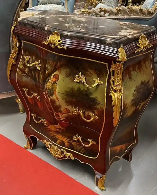 Casa Padrino Barock Kommode Braun / Gold / Mehrfarbbig / Schwarz - Handgefertigte Massivholz Kommode mit 3 Schubladen und Marmorplatte - Barock Möbel Bestseller
