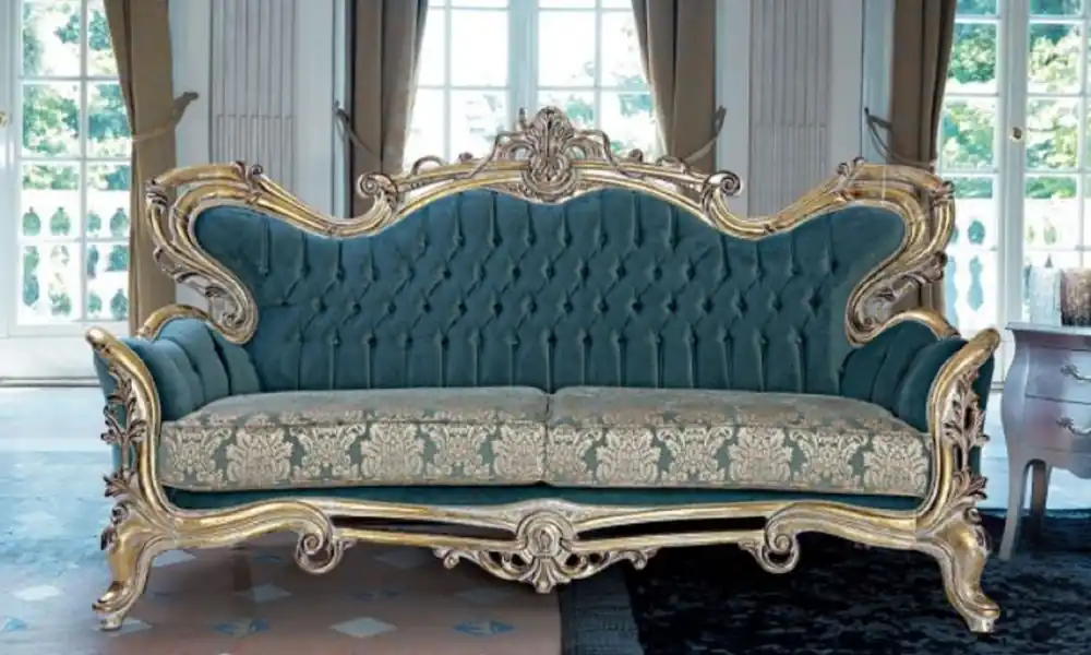 Casa Padrino Luxus Barock Sofa Blau / Gold - Handgefertigtes Barockstil Wohnzimmer Sofa mit elegantem Muster - Barock Wohnzimmer Möbel Kracherpreis