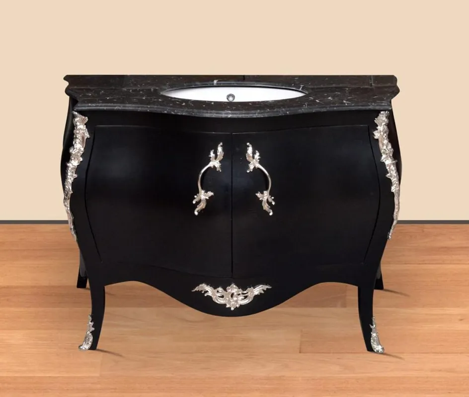 Neue Kollektion Casa Padrino Luxus Barock Waschtisch Kommode Schwarz / Silber mit Marmorplatte - Luxus Barock Badezimmermöbel