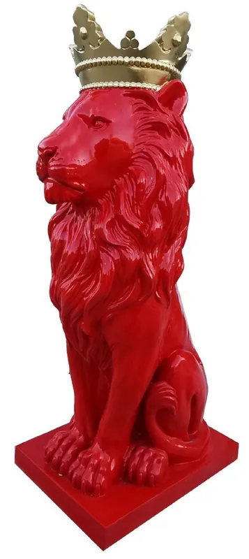 Casa Padrino Luxus Dekofigur Löwe mit Krone Rot / Gold H. 80 cm - Wetterbeständige Deko Skulptur - Wohnzimmer Deko - Garten & Terrassen Deko Tierfigur Preis Gesenkt