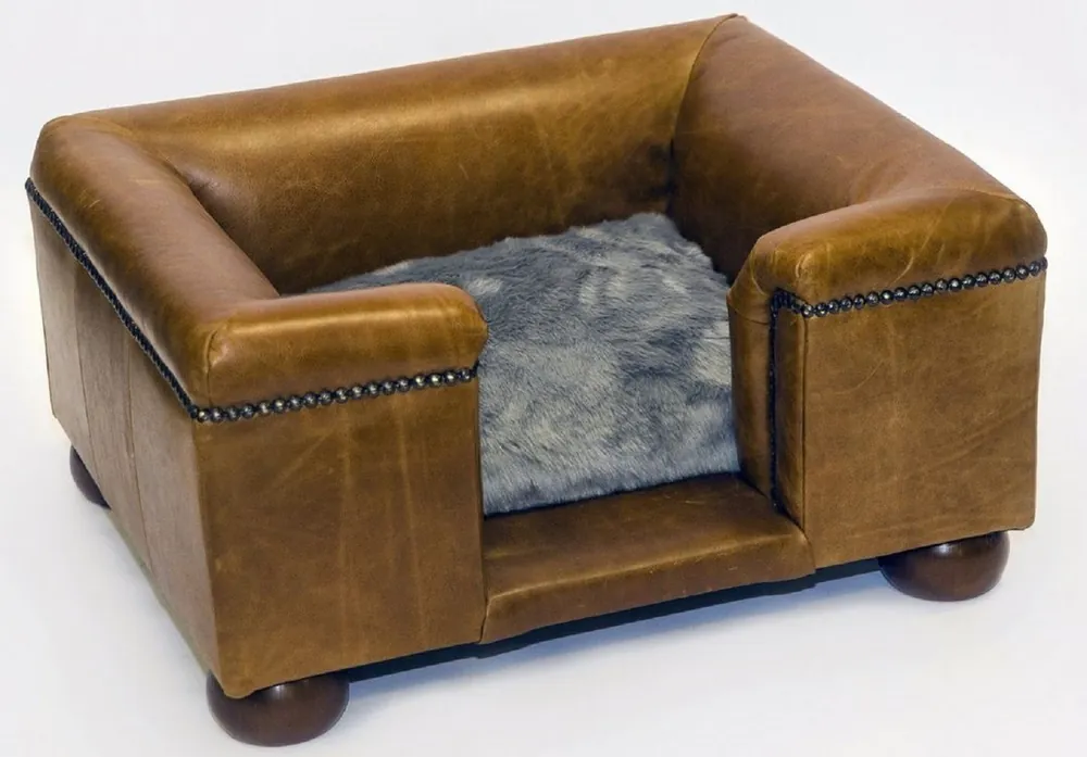 Casa Padrino Luxus Leder Hundebett Vintage Braun / Dunkelbraun / Grau 65 x 55 x H. 31 cm - Rechteckiges Echtleder Hundebett - Luxus Echtleder Tiermöbel Bestpreis