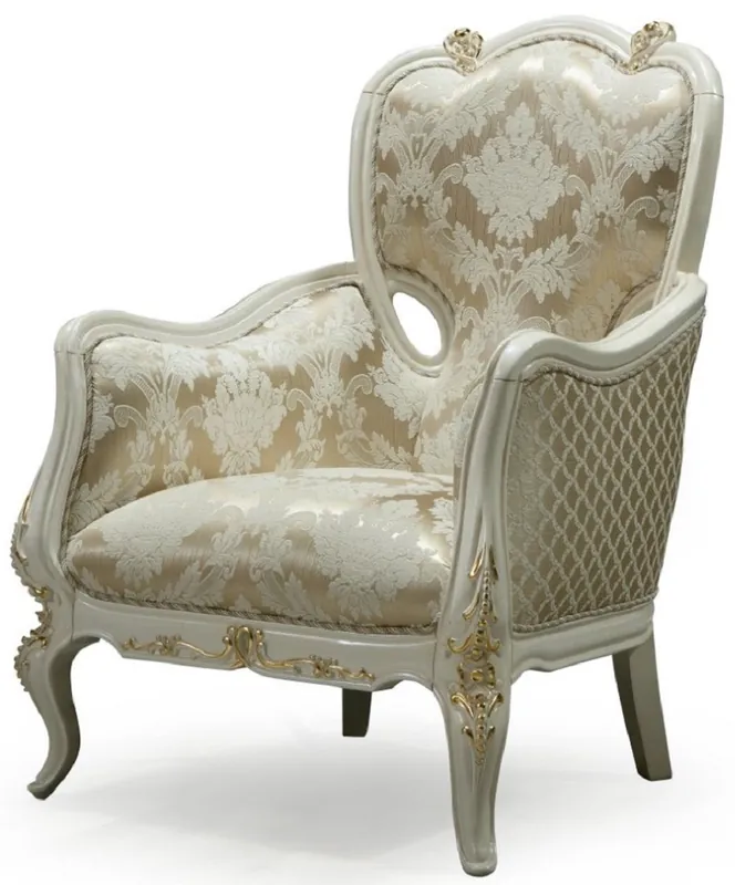 Bestpreis Casa Padrino Luxus Barock Wohnzimmer Sessel Gold / Weiß / Gold - Handgefertigter Barockstil Sessel mit elegantem Muster - Barock Wohnzimmer Möbel