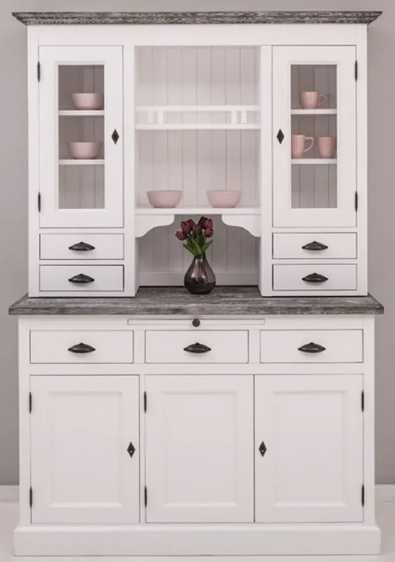Casa Padrino Landhausstil Küchenschrank Weiß / Dunkelgrau 138 x 50 x H. 197 cm - 2 Teiliger Küchenschrank mit 5 Türen und 7 Schubladen - Landhausstil Küchenmöbel Sofort Bestellen