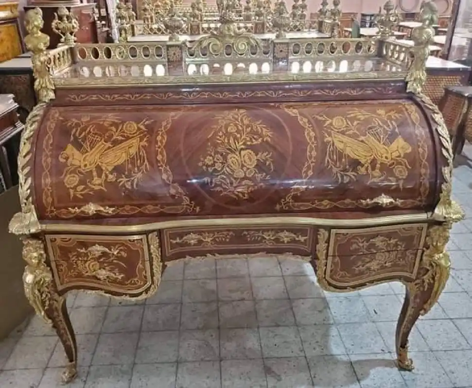 Highlight Casa Padrino Luxus Barock Sekretär Braun Intarsien / Gold - Handgefertigter Barock Schreibtisch - Barock Büromöbel - Edel & Prunkvoll