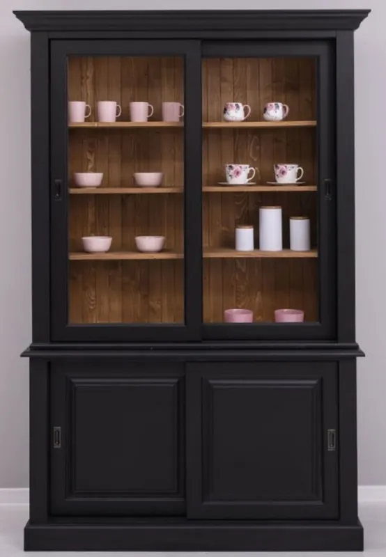 Bestpreis Casa Padrino Landhausstil Esszimmerschrank Schwarz / Braun 141 x 48 x H. 212 cm - Massivholz Schrank mit 4 Schiebetüren - Landhausstil Massivholz Esszimmer Möbel
