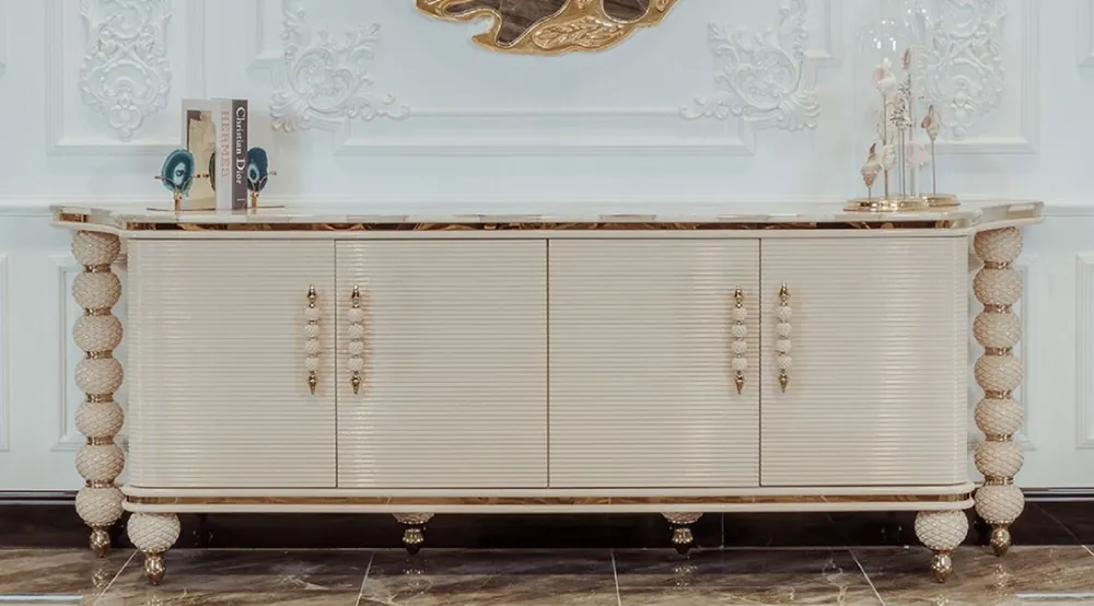 Casa Padrino Luxus Art Deco Sideboard Grau / Weiß / Gold 250 x 55,5 x H. 89 cm - Edler Massivholz Schrank mit 4 Türen und Kunstmarmor Platte - Art Deco Möbel - Luxus Qualität Schneller Versand
